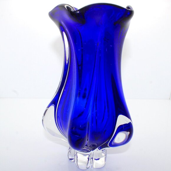 Vintage Hand-Blown Heavy Thick Cobalt Blue/Clear Vase 9.5" Tall X 6" Wide - Picture 1 of 10